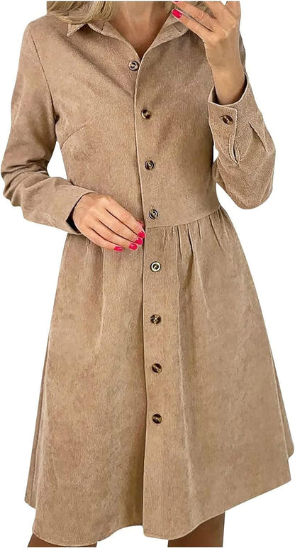 RDEGOOCHA Long Sleeve Dress, Lapel V Neck A-Line Midi Dress Collar Elastic Waist Swing Button down Business Dress 01-Khaki / Small