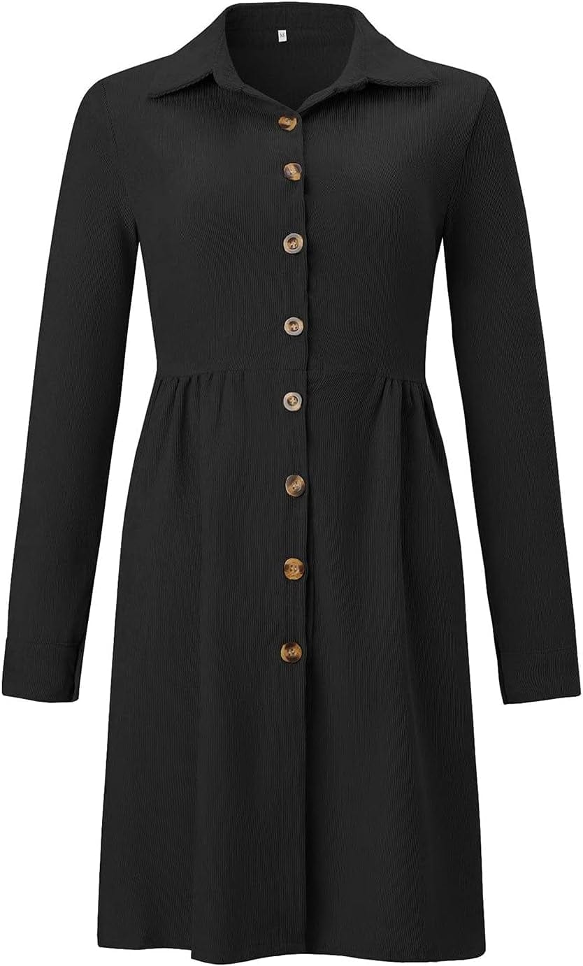 RDEGOOCHA Long Sleeve Dress, Lapel V Neck A-Line Midi Dress Collar Elastic Waist Swing Button down Business Dress
