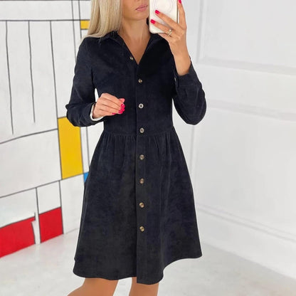 RDEGOOCHA Long Sleeve Dress, Lapel V Neck A-Line Midi Dress Collar Elastic Waist Swing Button down Business Dress