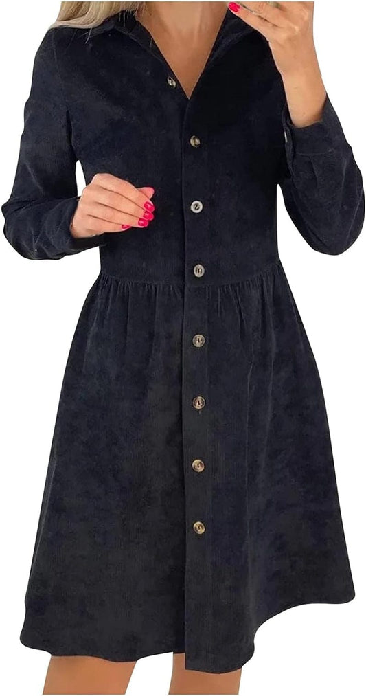 RDEGOOCHA Long Sleeve Dress, Lapel V Neck A-Line Midi Dress Collar Elastic Waist Swing Button down Business Dress