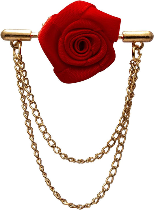 Red Rose with Double Hanging Chain Lapel Pin/Brooch for Men