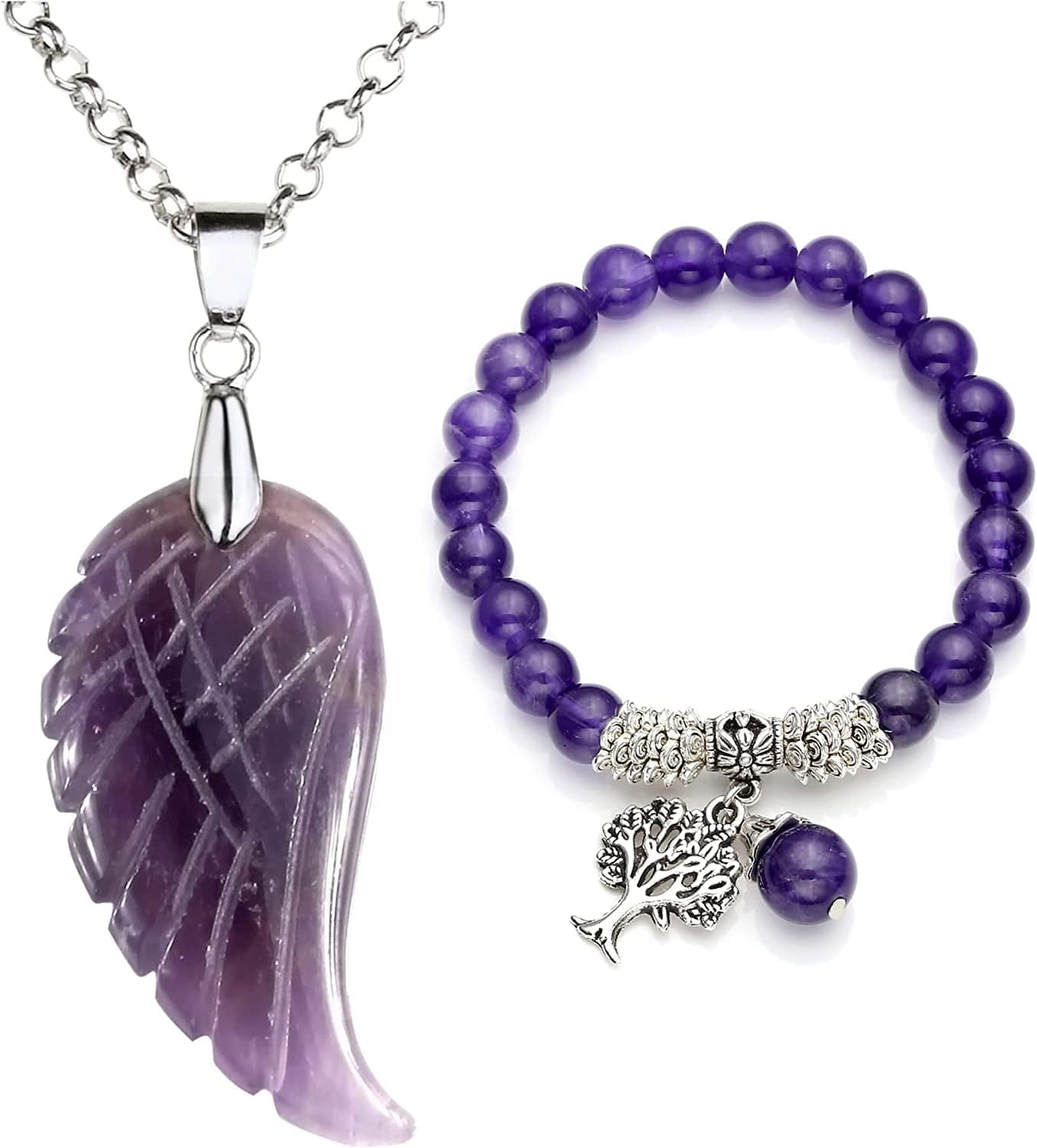 Reiki Healing Crystal Quartz Gemstones Jewelry Angel Wings Carved Stone Pendant Necklace Tree of Life Charm Stretch Bracelet Set Purple - Amethyst