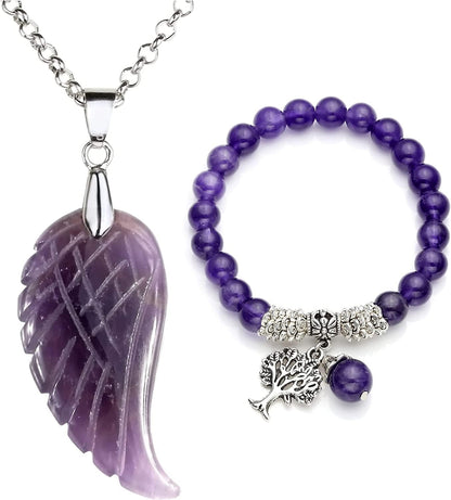 Reiki Healing Crystal Quartz Gemstones Jewelry Angel Wings Carved Stone Pendant Necklace Tree of Life Charm Stretch Bracelet Set Purple - Amethyst