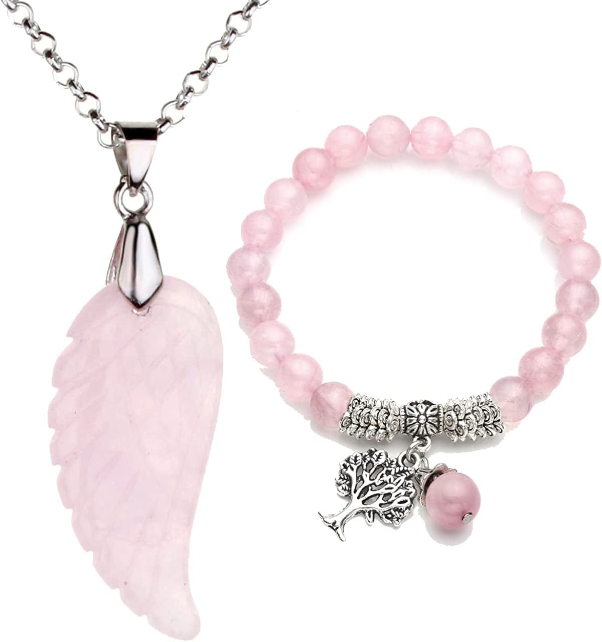 Reiki Healing Crystal Quartz Gemstones Jewelry Angel Wings Carved Stone Pendant Necklace Tree of Life Charm Stretch Bracelet Set Pink - Rose Quartz