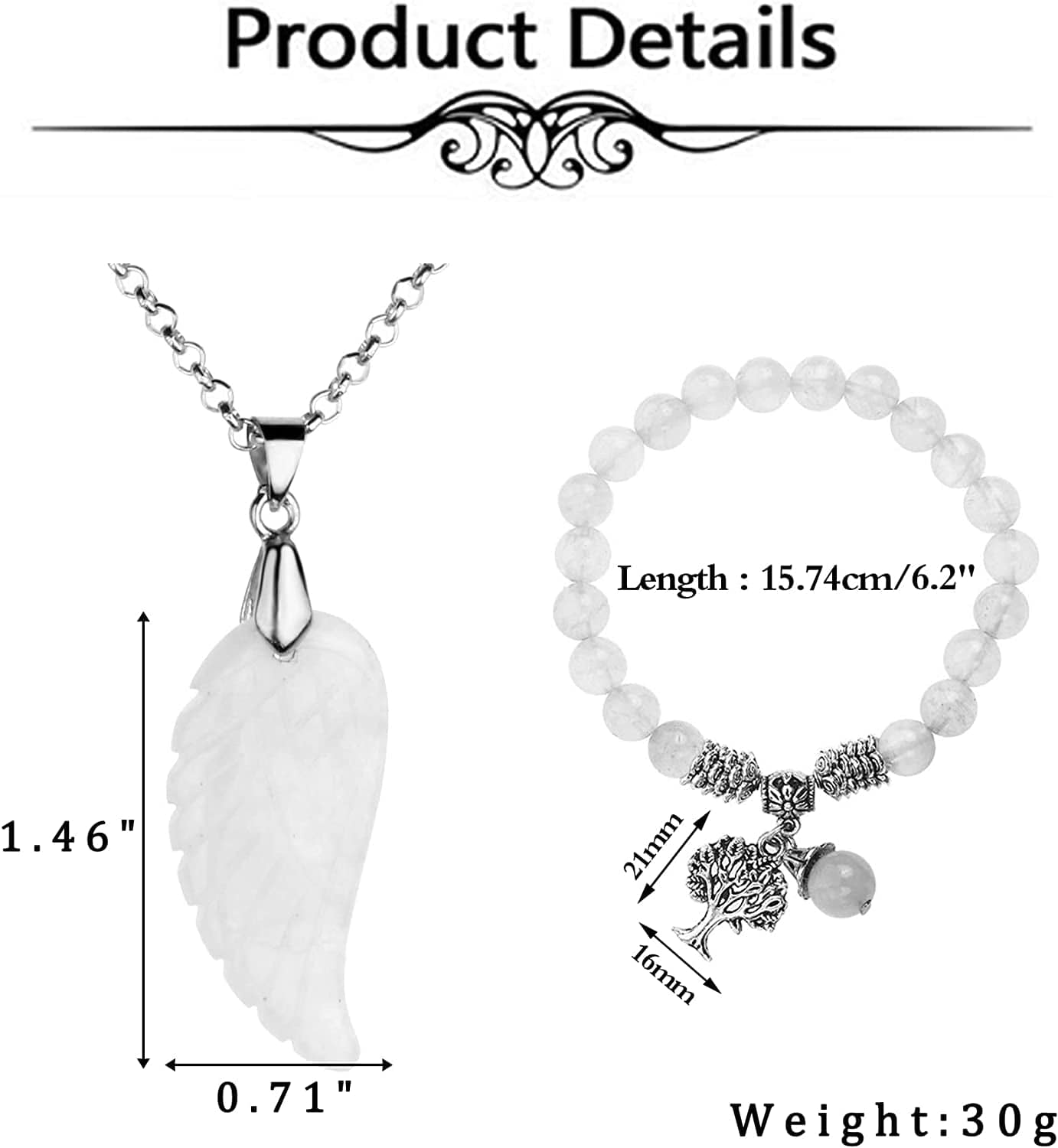 Reiki Healing Crystal Quartz Gemstones Jewelry Angel Wings Carved Stone Pendant Necklace Tree of Life Charm Stretch Bracelet Set