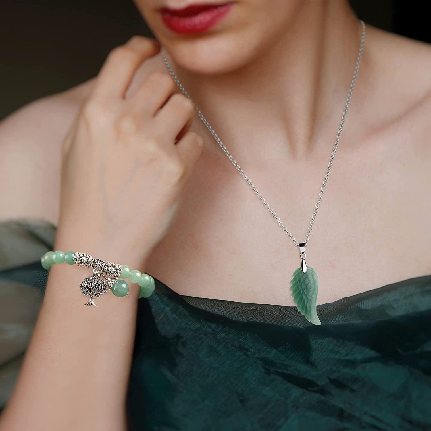 Reiki Healing Crystal Quartz Gemstones Jewelry Angel Wings Carved Stone Pendant Necklace Tree of Life Charm Stretch Bracelet Set
