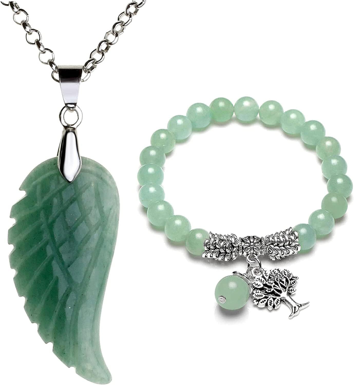 Reiki Healing Crystal Quartz Gemstones Jewelry Angel Wings Carved Stone Pendant Necklace Tree of Life Charm Stretch Bracelet Set Green - Aventurine