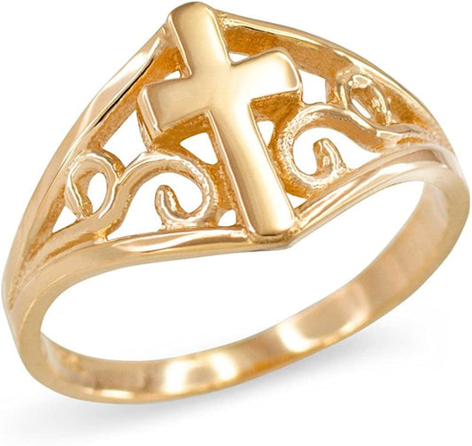 Religious Jewelry by FDJ Filigree Cross Ring for Women in Fine 10K Yellow Gold 5