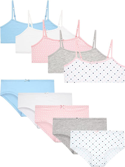Rene Rofe Girls’ Training Bra Set – 10 Piece Cotton Cami Bralette and Hipster Briefs (M-XL) Dots Combo / X-Large