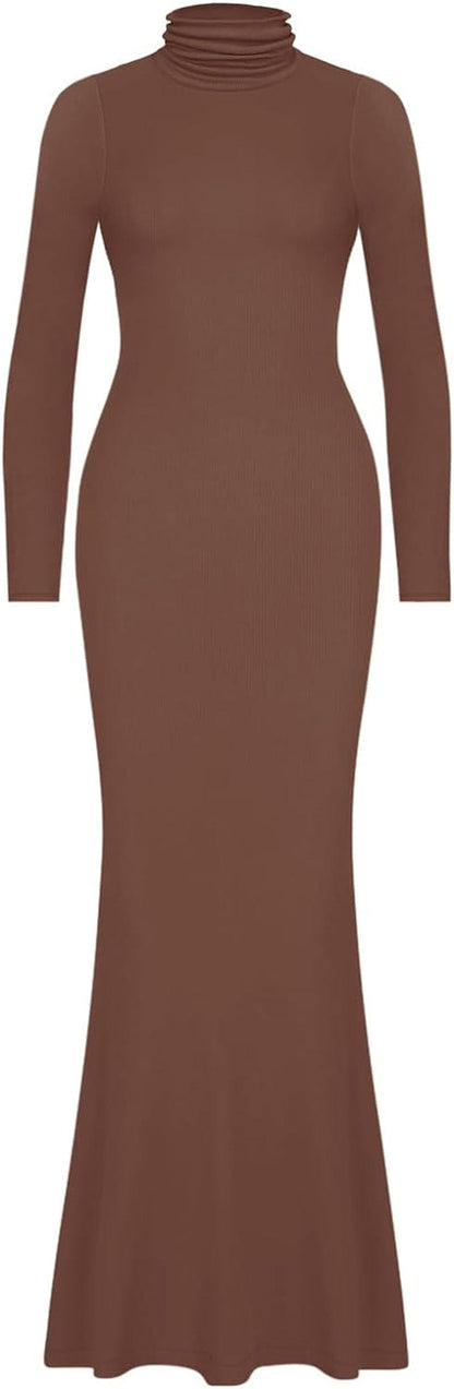 REORIA Women'S Casual Mock Turtleneck Long Sleeve Elegant Long Dress Lounge Ribbed Bodycon Maxi Dresses