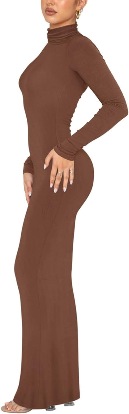 REORIA Women'S Casual Mock Turtleneck Long Sleeve Elegant Long Dress Lounge Ribbed Bodycon Maxi Dresses