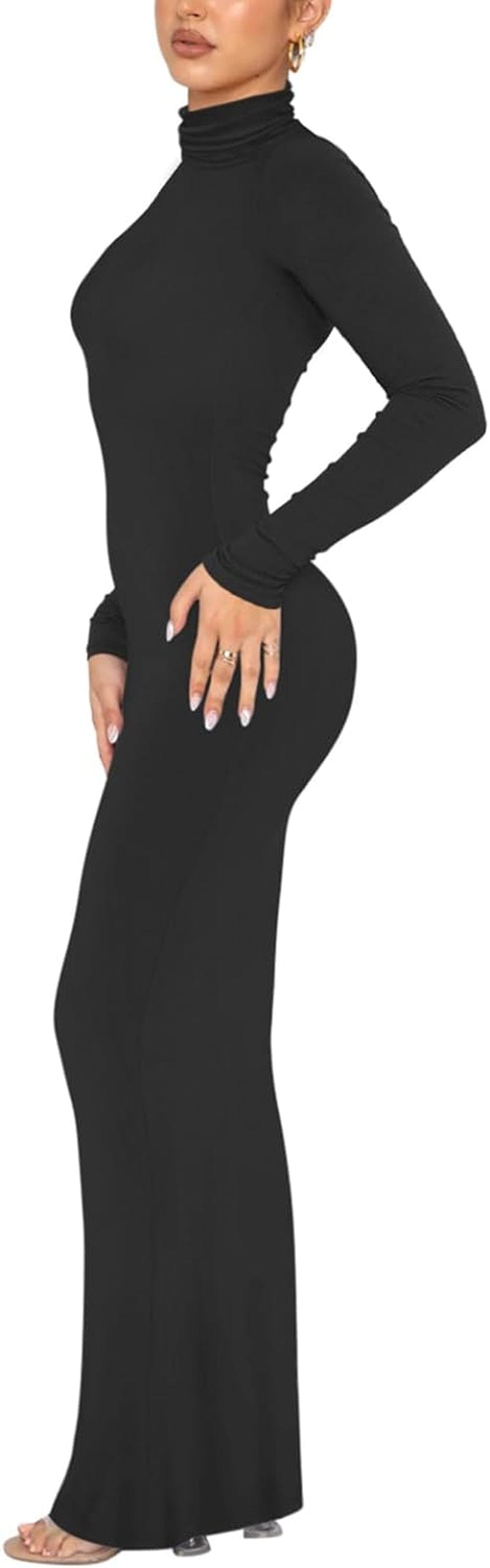 REORIA Women'S Casual Mock Turtleneck Long Sleeve Elegant Long Dress Lounge Ribbed Bodycon Maxi Dresses