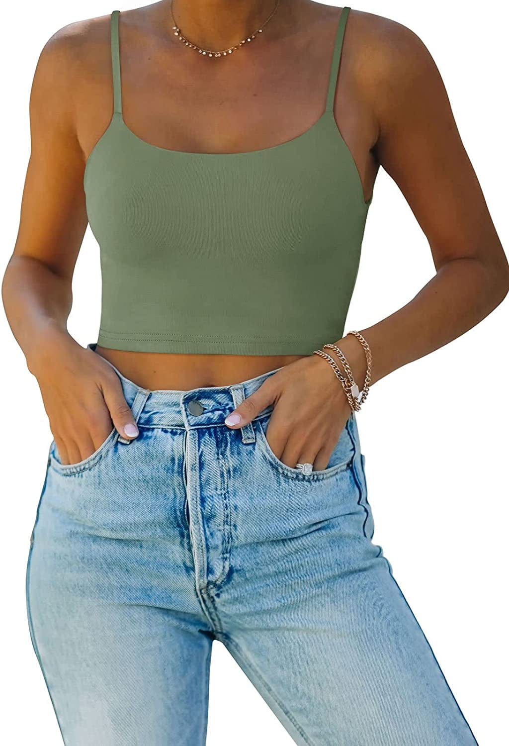 REORIA Women’S Sexy Adjustable Spaghetti Strap Double Lined Seamless Camisole Tank Yoga Crop Tops Olive Green / Medium