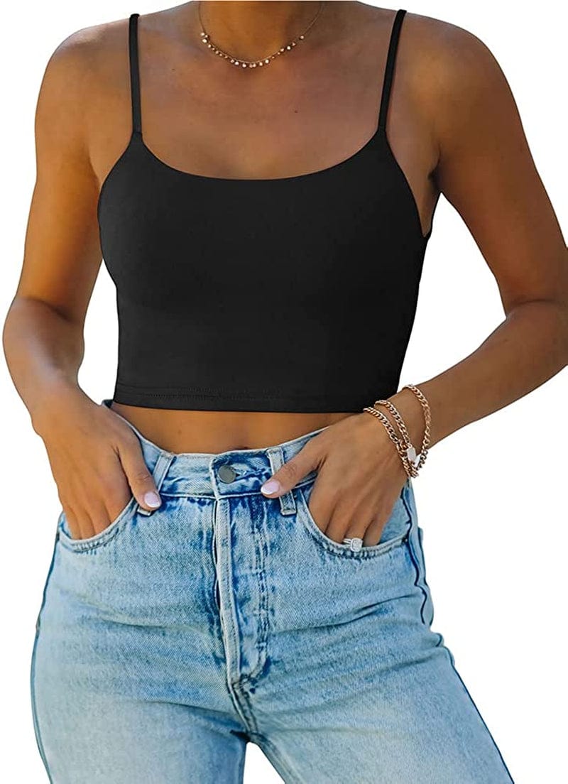 REORIA Women’S Sexy Adjustable Spaghetti Strap Double Lined Seamless Camisole Tank Yoga Crop Tops 02-black / Medium