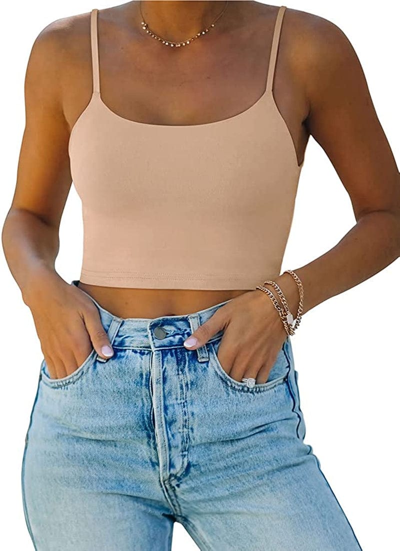 REORIA Women’S Sexy Adjustable Spaghetti Strap Double Lined Seamless Camisole Tank Yoga Crop Tops Nude / Medium