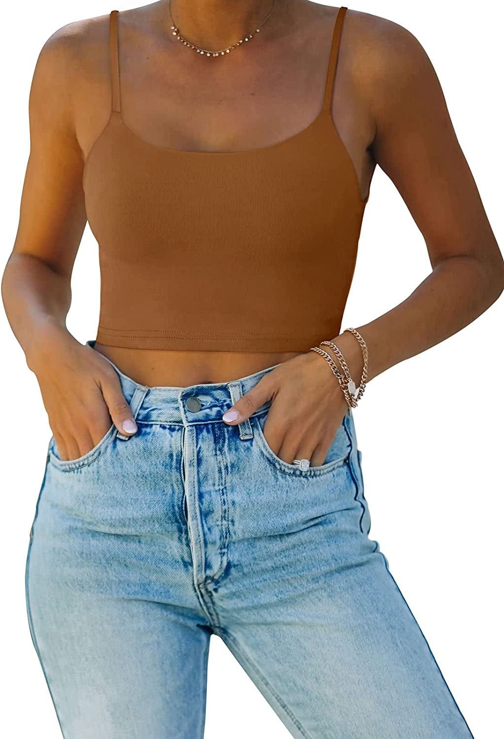 REORIA Women’S Sexy Adjustable Spaghetti Strap Double Lined Seamless Camisole Tank Yoga Crop Tops Brown / Medium