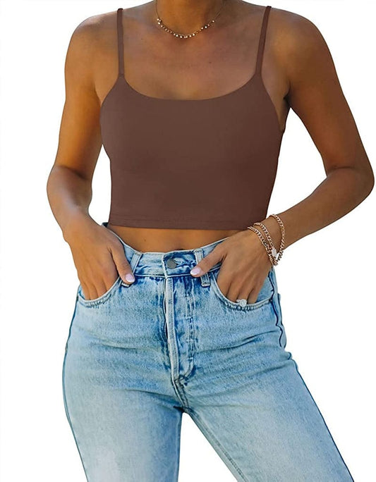 REORIA Women’S Sexy Adjustable Spaghetti Strap Double Lined Seamless Camisole Tank Yoga Crop Tops Coffee / Medium