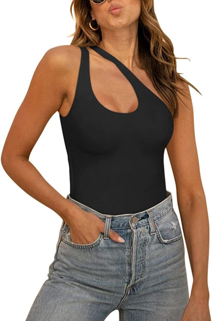 REORIA Women’S Sexy One Shoulder Cutout Front Backless Sleeveless Tank Top Bodysuits 02-black / Large