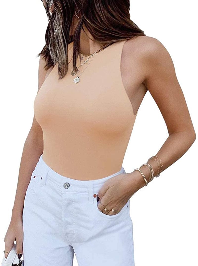 REORIA Women’S Sexy Sleeveless Racer Back Halter Neck Bodysuit Tank Tops Nude / Medium