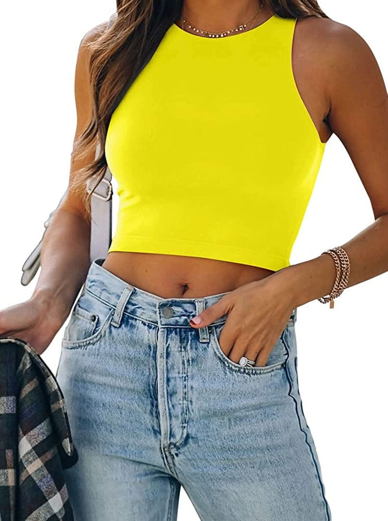 REORIA Women’S Sexy Sleeveless Racer Back Tank Tops Halter Neck Crop Tops 95-yellow / X-Large