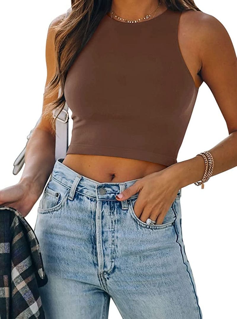 REORIA Women’S Sexy Sleeveless Racer Back Tank Tops Halter Neck Crop Tops 94-coffee / X-Large