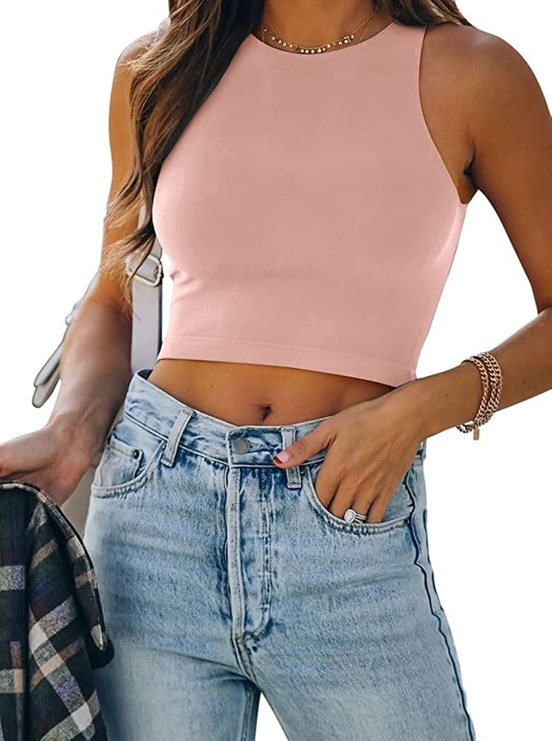 REORIA Women’S Sexy Sleeveless Racer Back Tank Tops Halter Neck Crop Tops 60-pink / X-Large
