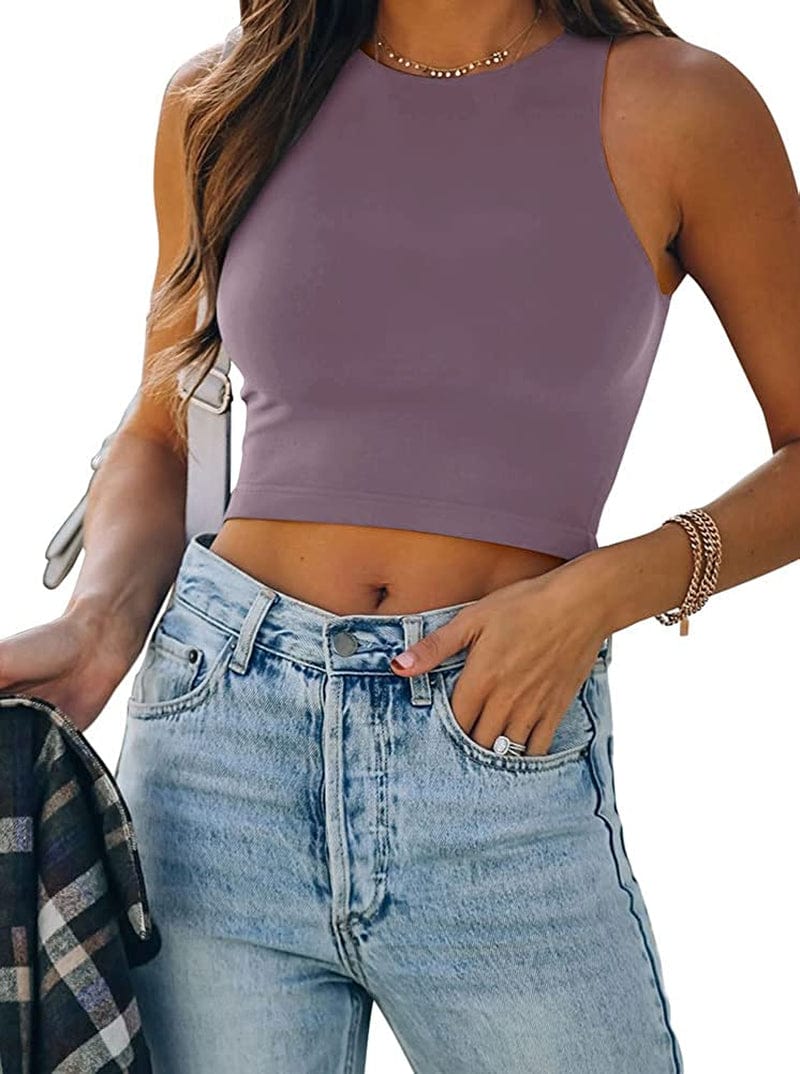 REORIA Women’S Sexy Sleeveless Racer Back Tank Tops Halter Neck Crop Tops 91-grey Purple / X-Large