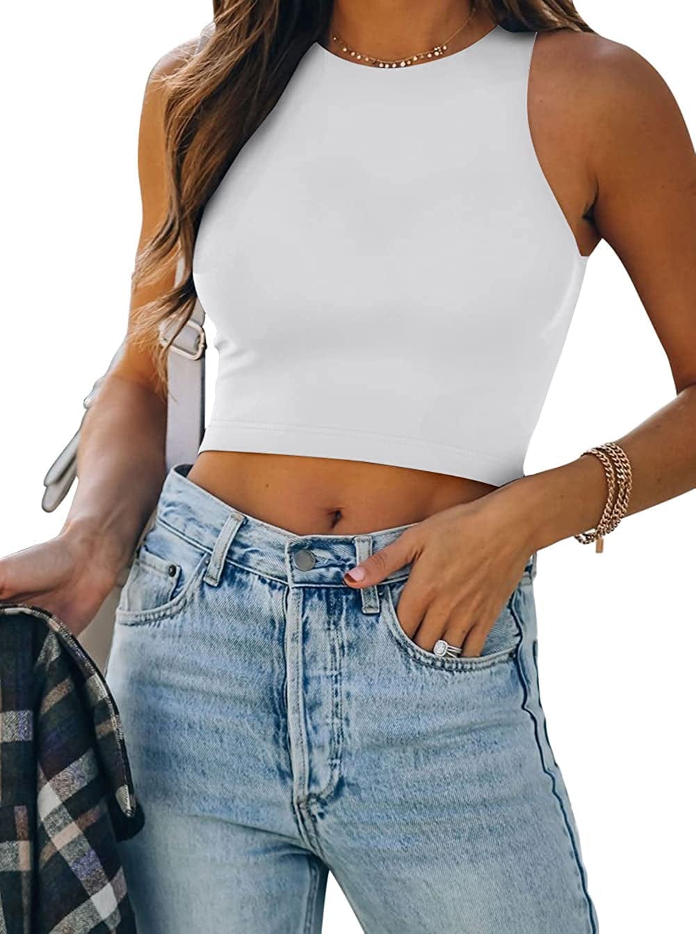 REORIA Women’S Sexy Sleeveless Racer Back Tank Tops Halter Neck Crop Tops 20-white / X-Large