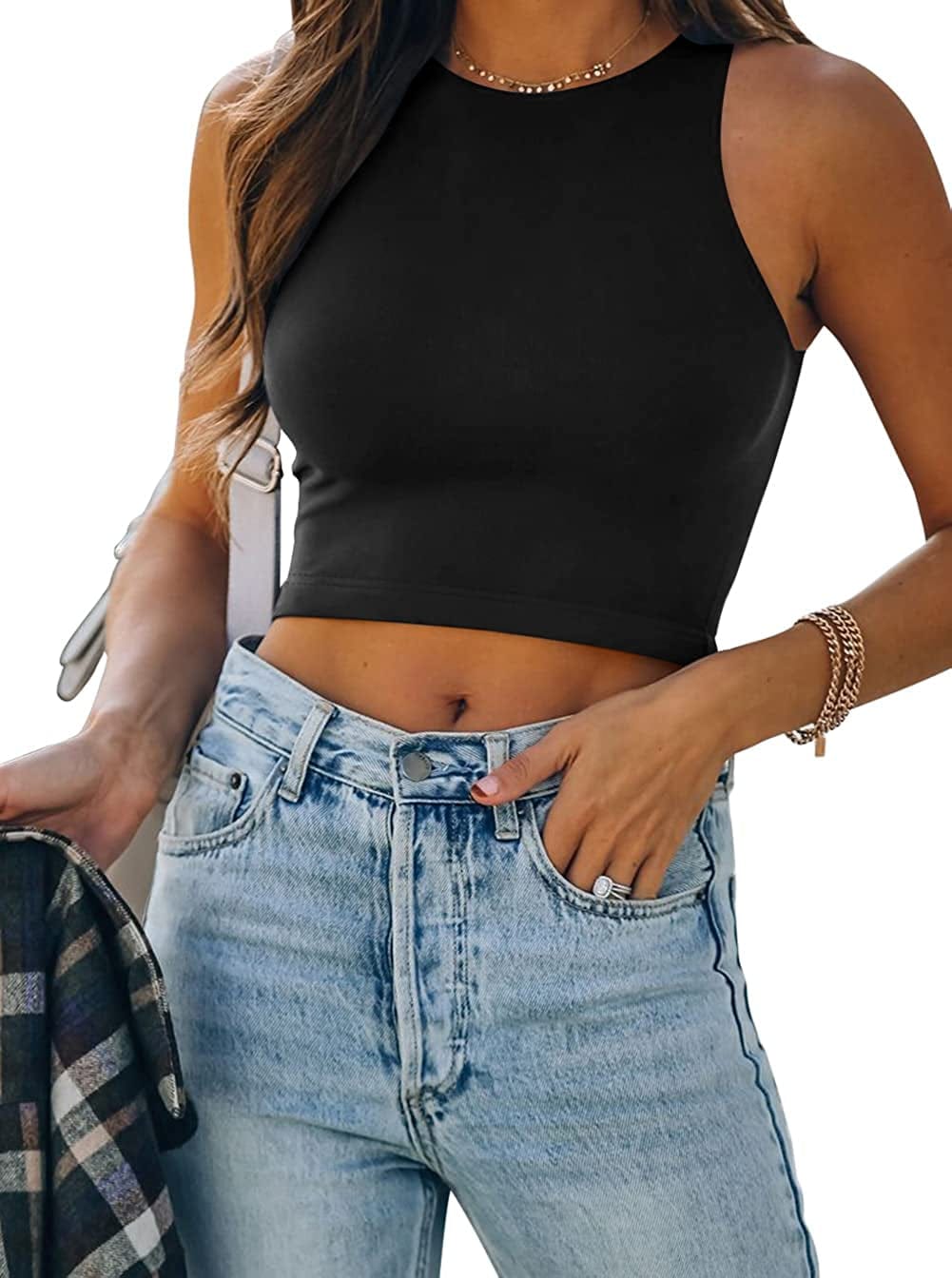 REORIA Women’S Sexy Sleeveless Racer Back Tank Tops Halter Neck Crop Tops Black / X-Large