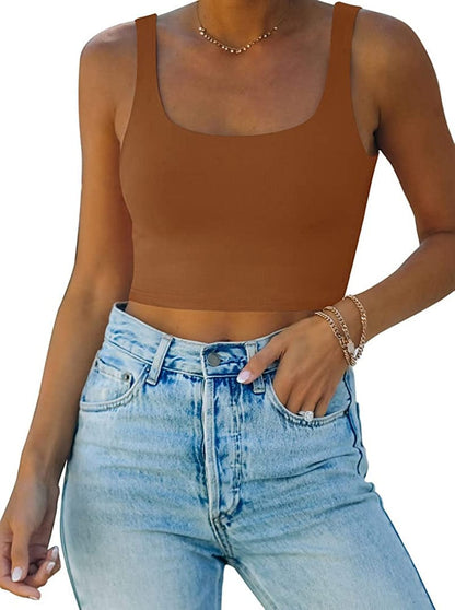REORIA Women’S Sexy Square Neck Double Lined Seamless Sleeveless Cropped Tank Yoga Crop Tops Brown / Large