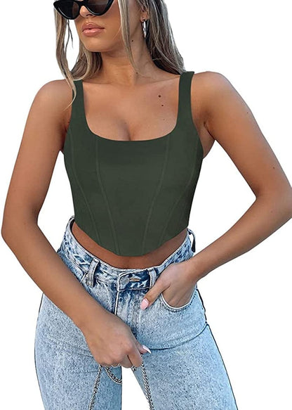 REORIA Women'S Summer Sexy Square Neck Sleeveless Bustier Corset Crop Tank Tops