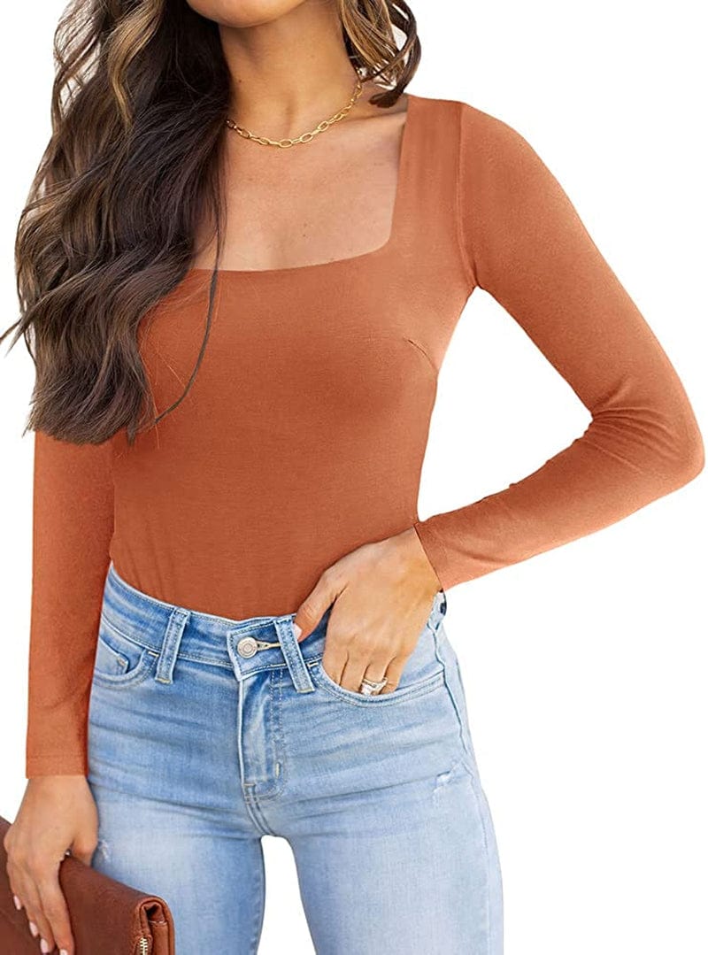 REORIA Womens Sexy Square Neck Double Lined Long Sleeve Bodysuit Tops Jumpsuits Caramel / XX-Large