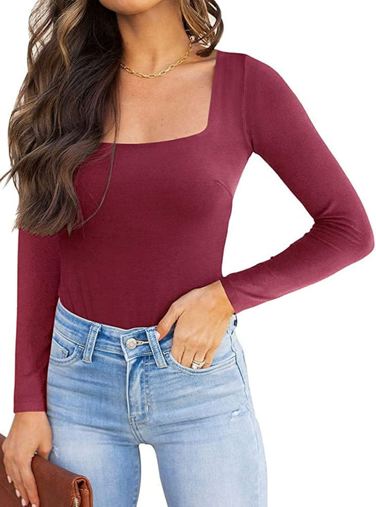 REORIA Womens Sexy Square Neck Double Lined Long Sleeve Bodysuit Tops Jumpsuits Burdundy / X-Large