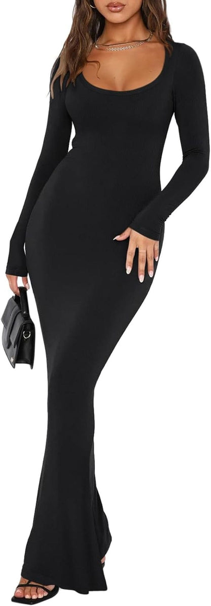 REORIA Womens Sexy Square Neck Long Sleeve Soft Lounge Long Dress Fall Casual Ribbed Bodycon Maxi Dresses Black / X-Large