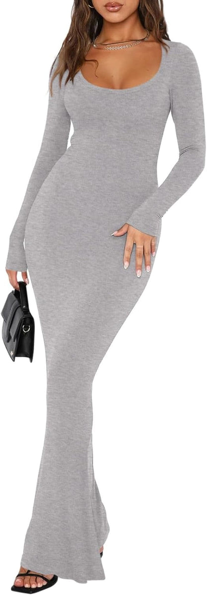 REORIA Womens Sexy Square Neck Long Sleeve Soft Lounge Long Dress Fall Casual Ribbed Bodycon Maxi Dresses Light Grey / Large