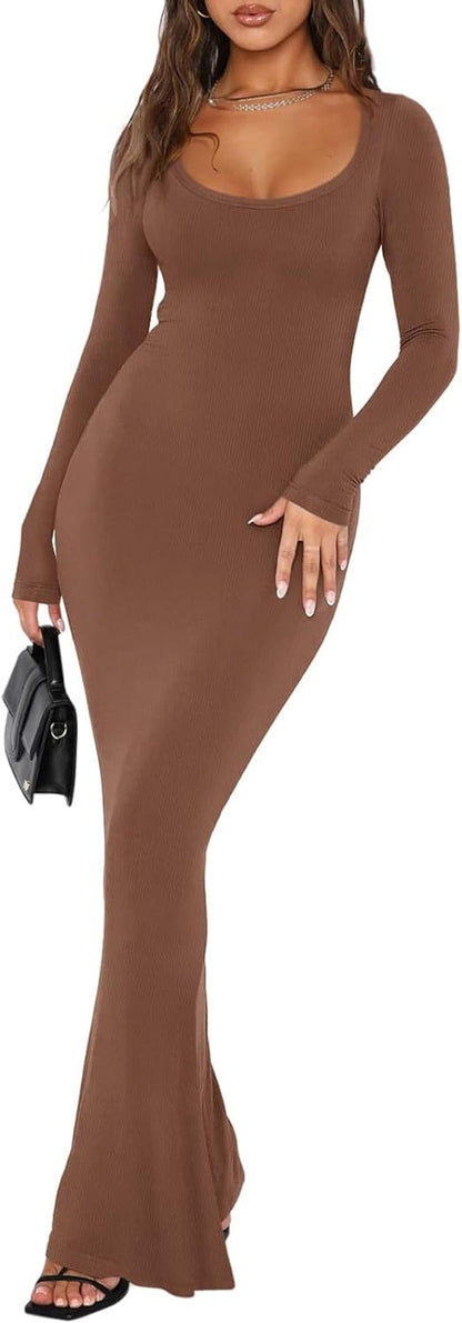 REORIA Womens Sexy Square Neck Long Sleeve Soft Lounge Long Dress Fall Casual Ribbed Bodycon Maxi Dresses Coffee / X-Small