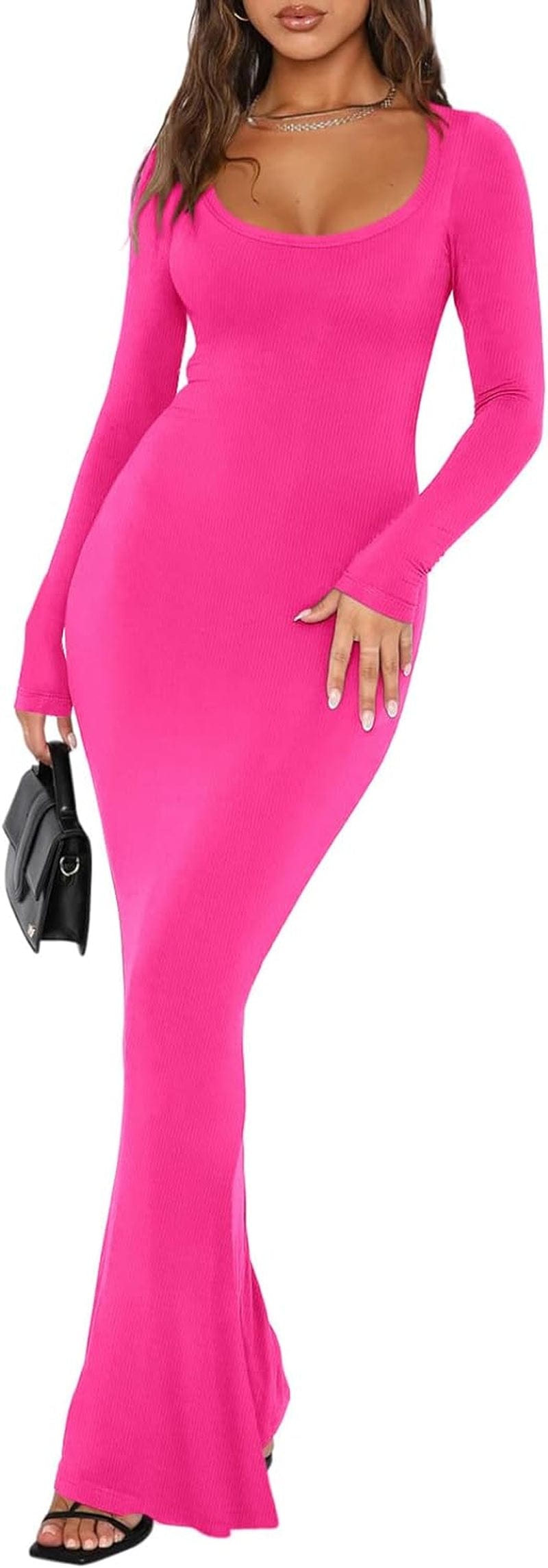REORIA Womens Sexy Square Neck Long Sleeve Soft Lounge Long Dress Fall Casual Ribbed Bodycon Maxi Dresses Rose Red / Large
