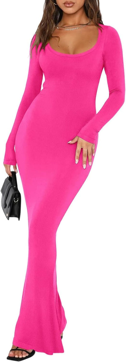 REORIA Womens Sexy Square Neck Long Sleeve Soft Lounge Long Dress Fall Casual Ribbed Bodycon Maxi Dresses Rose Red / Large