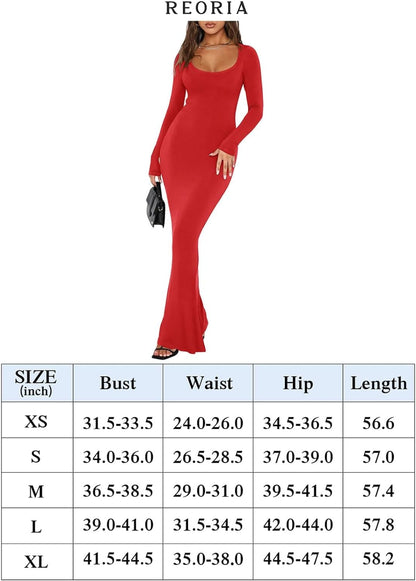 REORIA Womens Sexy Square Neck Long Sleeve Soft Lounge Long Dress Fall Casual Ribbed Bodycon Maxi Dresses
