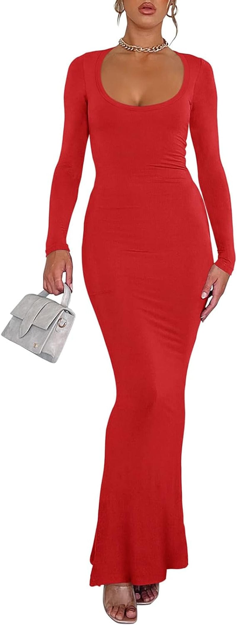 REORIA Womens Sexy Square Neck Long Sleeve Soft Lounge Long Dress Fall Casual Ribbed Bodycon Maxi Dresses