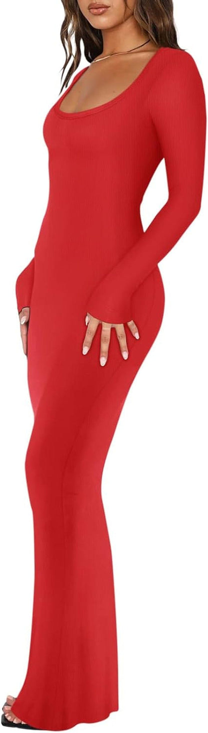 REORIA Womens Sexy Square Neck Long Sleeve Soft Lounge Long Dress Fall Casual Ribbed Bodycon Maxi Dresses