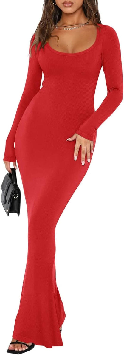 REORIA Womens Sexy Square Neck Long Sleeve Soft Lounge Long Dress Fall Casual Ribbed Bodycon Maxi Dresses