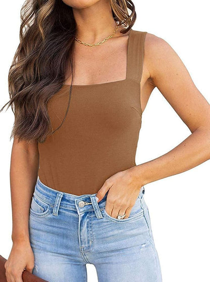REORIA Womens Sexy Square Neck Sleeveless Tank Tops Bodysuits Clubwear 02-brown / XX-Large