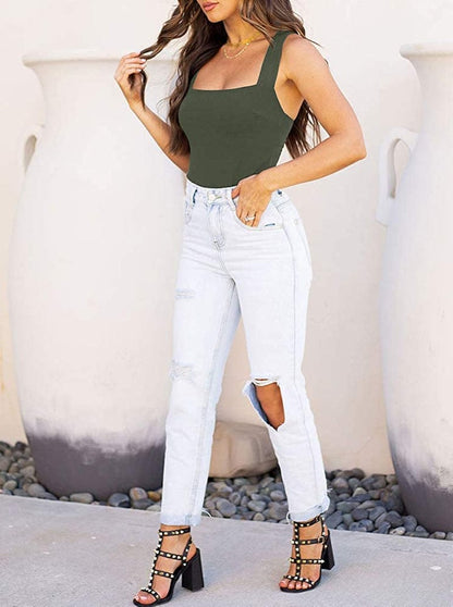 REORIA Womens Sexy Square Neck Sleeveless Tank Tops Bodysuits Clubwear