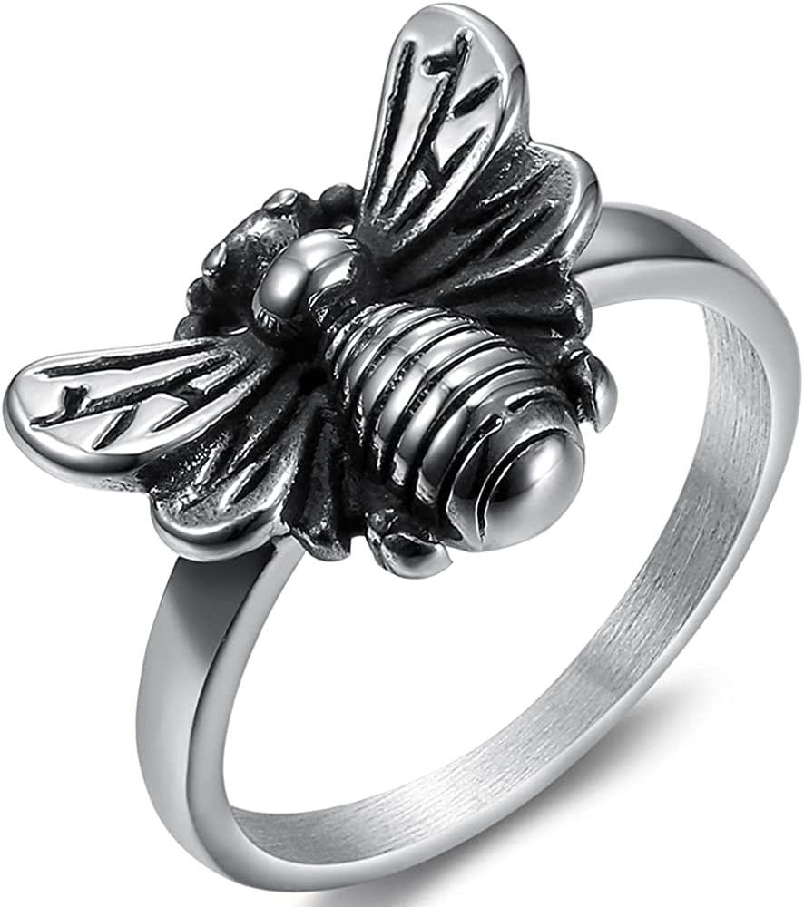 Retro Vintage Stainless Steel Cute Bee Style Birthday Party Holiday Halloween Ring Silver / 11