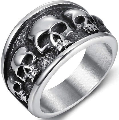 Retro Vintage Stainless Steel Gothic Death Skull Skeleton Cocktail Party Biker Statement Halloween Ring Silver / 8