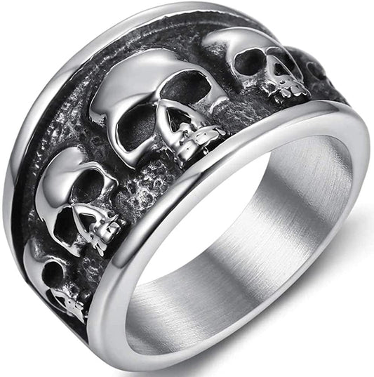 Retro Vintage Stainless Steel Gothic Death Skull Skeleton Cocktail Party Biker Statement Halloween Ring Silver / 8