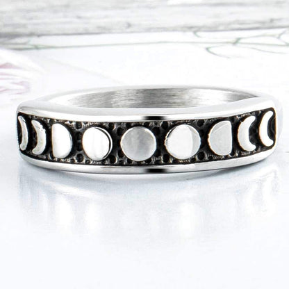Retro Vintage Stainless Steel Moon Phase Shape Crescent Stacking Wedding Band Promise Ring