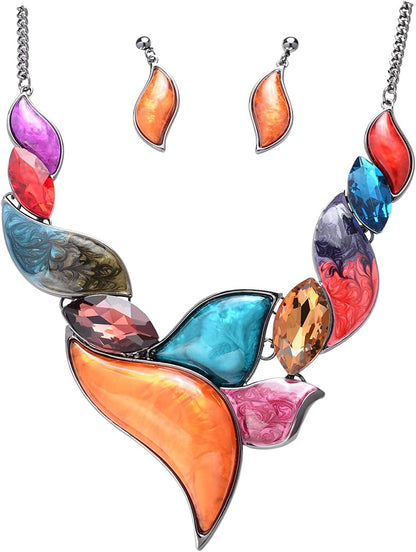 Retro Women'S Crystal Floral Petal Leaf Chunky Statement Necklace and Earrings Set Party Jewelry Multicolor