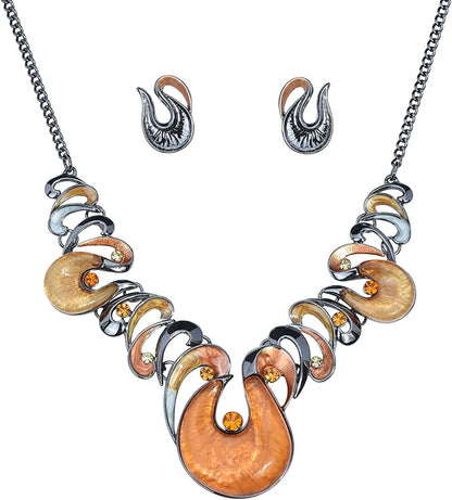 Retro Women'S Crystal Floral Petal Leaf Chunky Statement Necklace and Earrings Set Party Jewelry Brown Flower